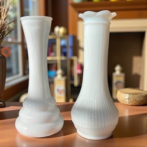 2 unusual milk glass bud vases, marked Randall, excellent condition